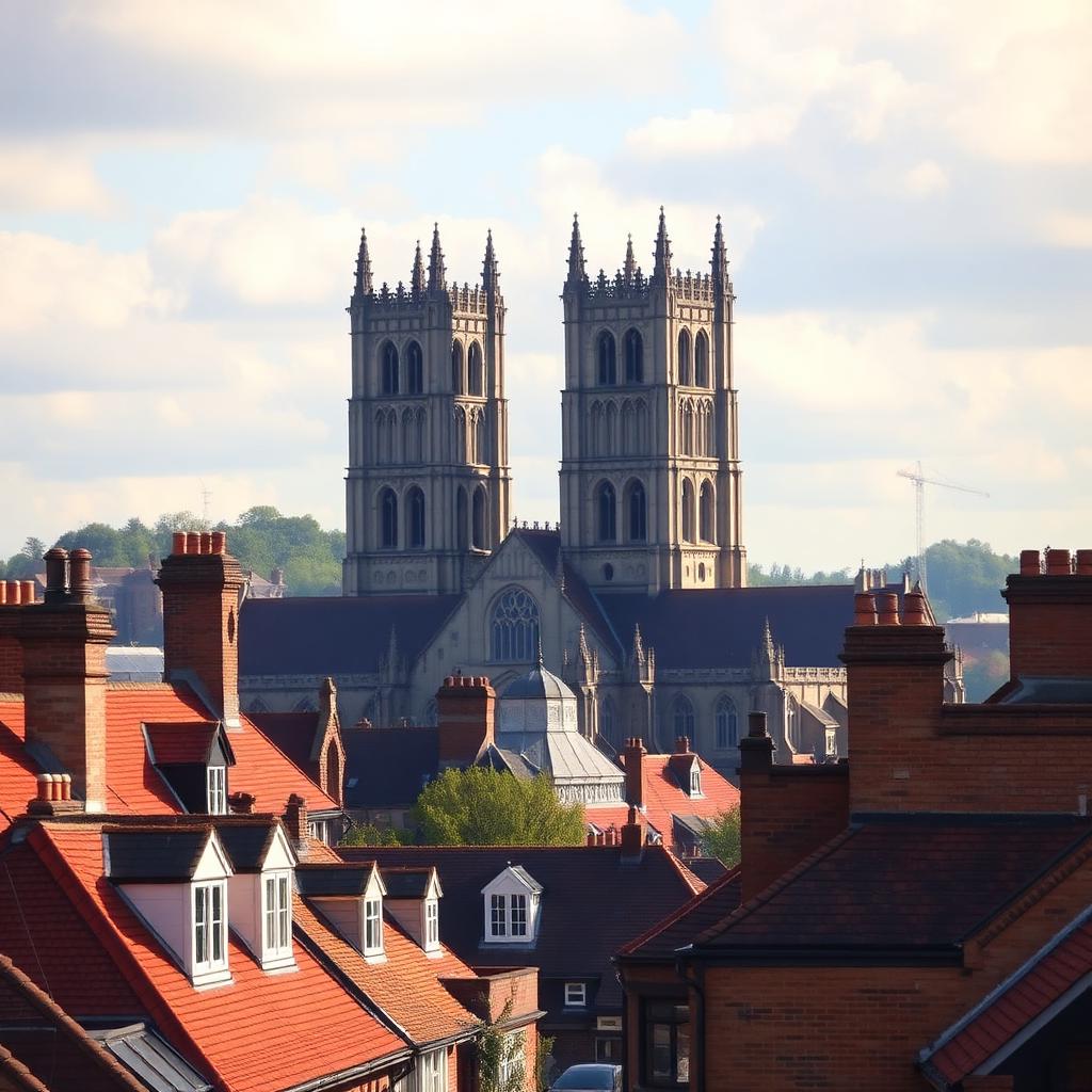 Beverley Minster's twin gothic towers rising above the red-tiled rooftops of historic Beverley market town