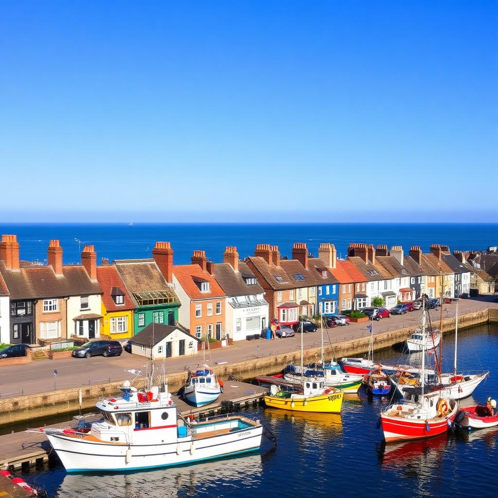 Bridlington harbour with fishing boats and colourful seaside terraced rooftops overlooking the East Yorkshire bay