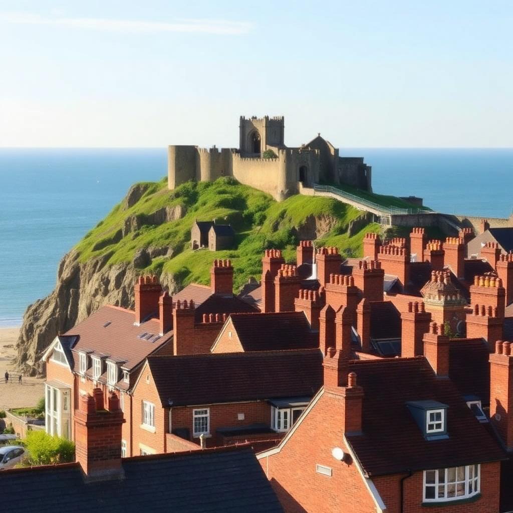 Scarborough Castle ruins on the headland above Victorian seaside rooftops with the North Sea in the background