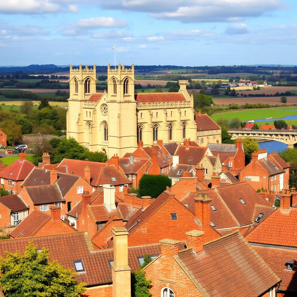 Selby Abbey rising above the red-brick terraced rooftops of Selby market town with the River Ouse in the distance